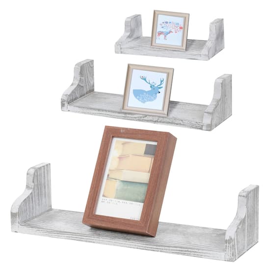 NEX™ Pale Gray Rustic Wood Floating Shelves Set with Metal Brackets